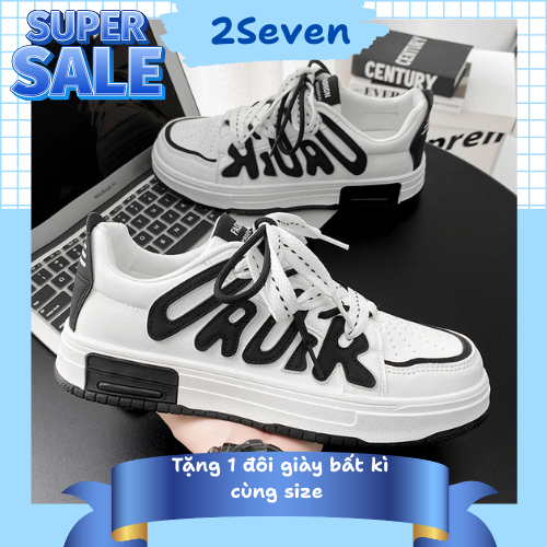 Giày nam sneaker thể thao trắng đen da PU –  Đế cao su mềm với họa tiết chữ nổi cá tính - G06 - 2Seven