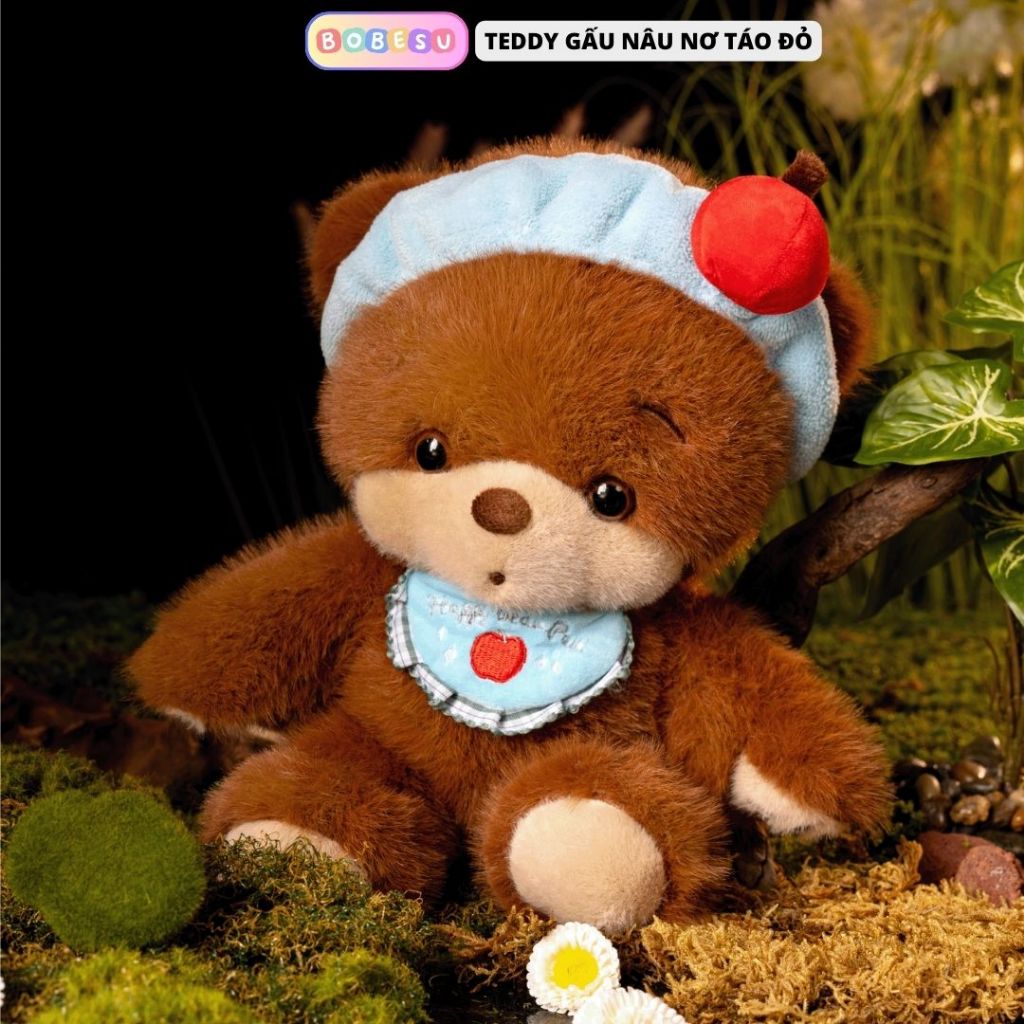 Gấu Bông Teddy Nâu Đội Mũ Táo Đỏ Lông Thỏ Mềm Mại Làm Quà Tặng Cho Bé, Bạn Gái Ngày Sinh Nhật, 8/3