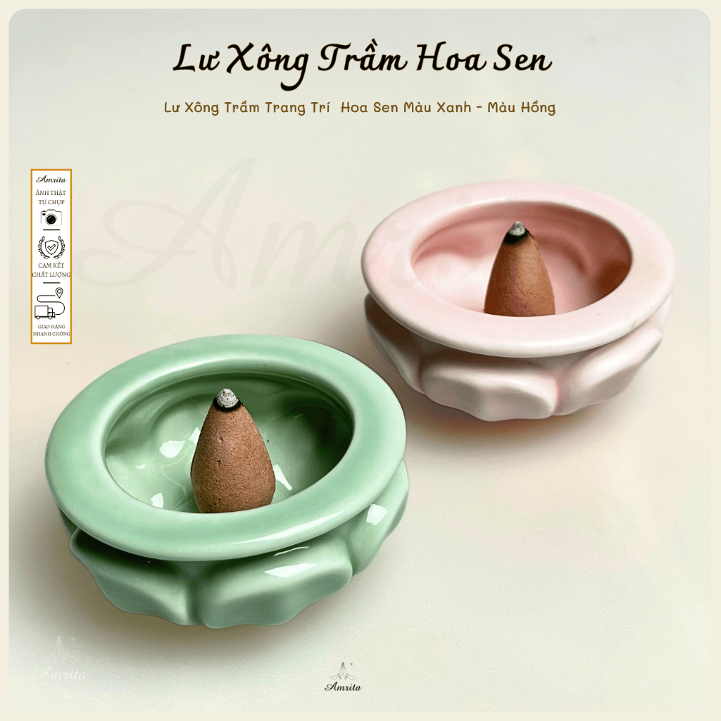 Lư [Amrita] Xông Trầm Hoa Sen Sứ Thanh Hoa -  Lư xông trầm bằng gốm - Lư xông thanh tẩy - Lư đốt trầm mini CXNP190
