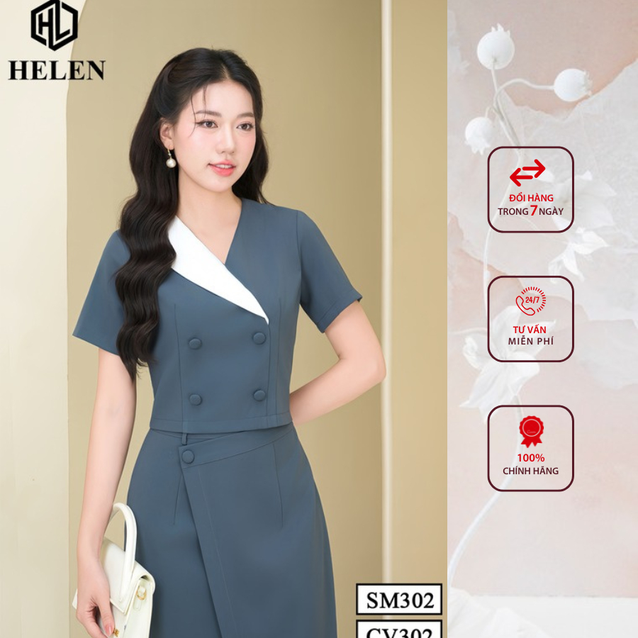 Sét công sở HELEN thiết kế gồm sơ mi phối cổ trắng + chân váy ôm màu ghi đính cúc bọc SET302CV