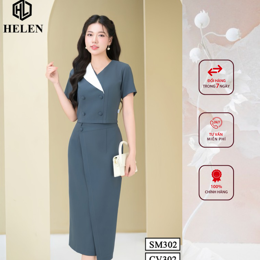Sét công sở HELEN thiết kế gồm sơ mi phối cổ trắng + chân váy ôm màu ghi đính cúc bọc SET302CV