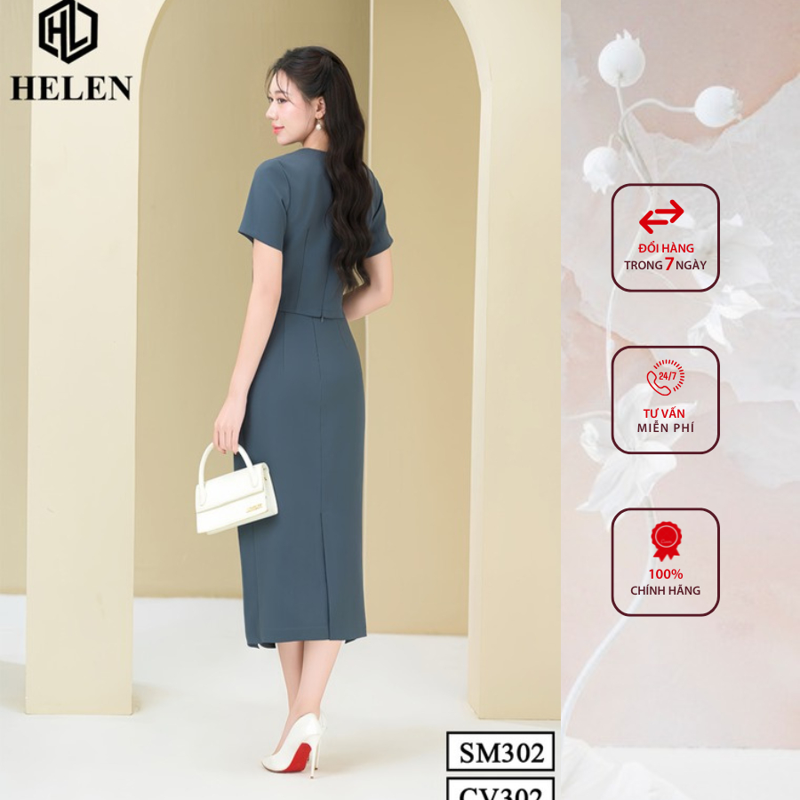 Sét công sở HELEN thiết kế gồm sơ mi phối cổ trắng + chân váy ôm màu ghi đính cúc bọc SET302CV