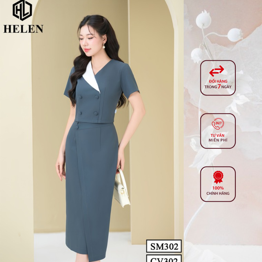 Sét công sở HELEN thiết kế gồm sơ mi phối cổ trắng + chân váy ôm màu ghi đính cúc bọc SET302CV