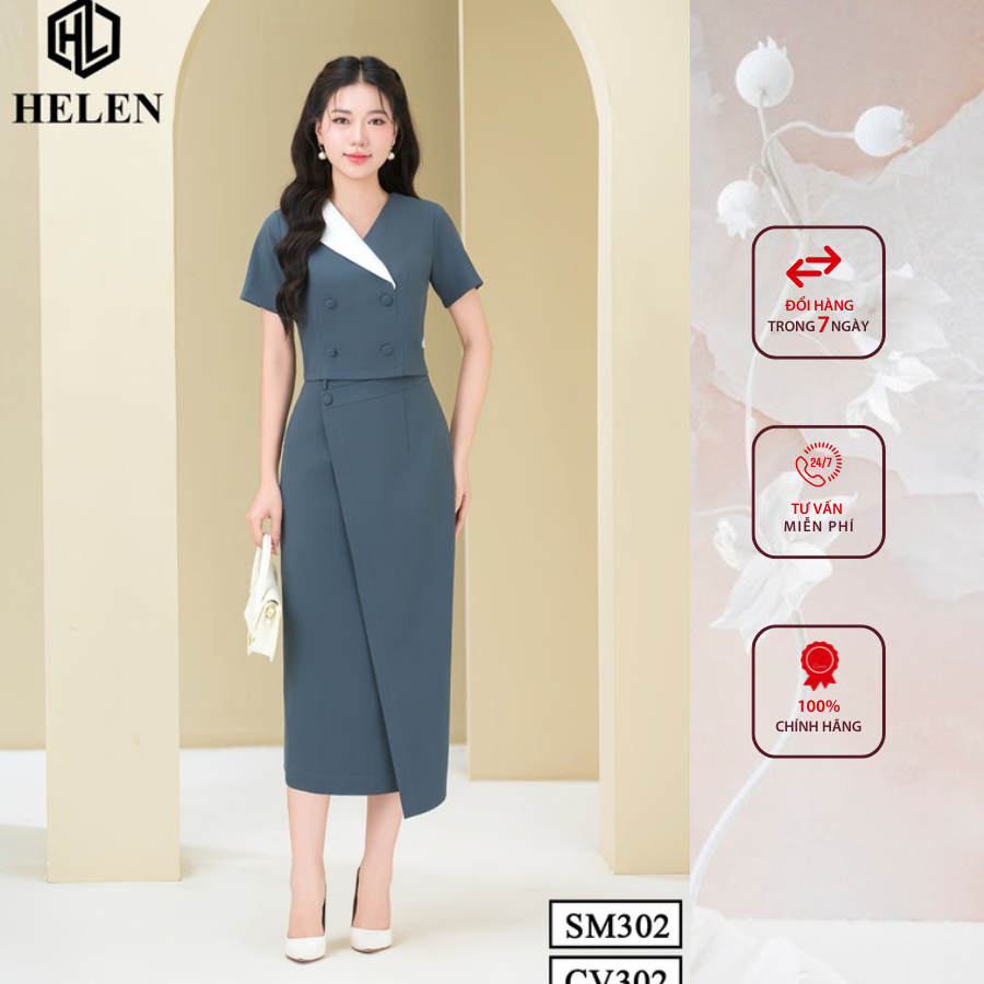 Sét công sở HELEN thiết kế gồm sơ mi phối cổ trắng + chân váy ôm màu ghi đính cúc bọc SET302CV