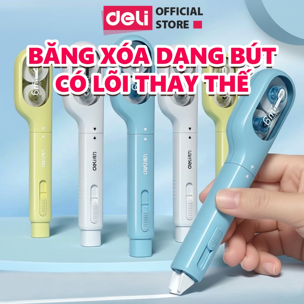 Băng Xóa Mini 6m Deli Bút Xóa Băng Dạng Kéo Màu Trắng/Xanh Dương/Xanh Lá Xóa Sạch Khô Nhanh Bám Dính Có Thể Thay Lõi