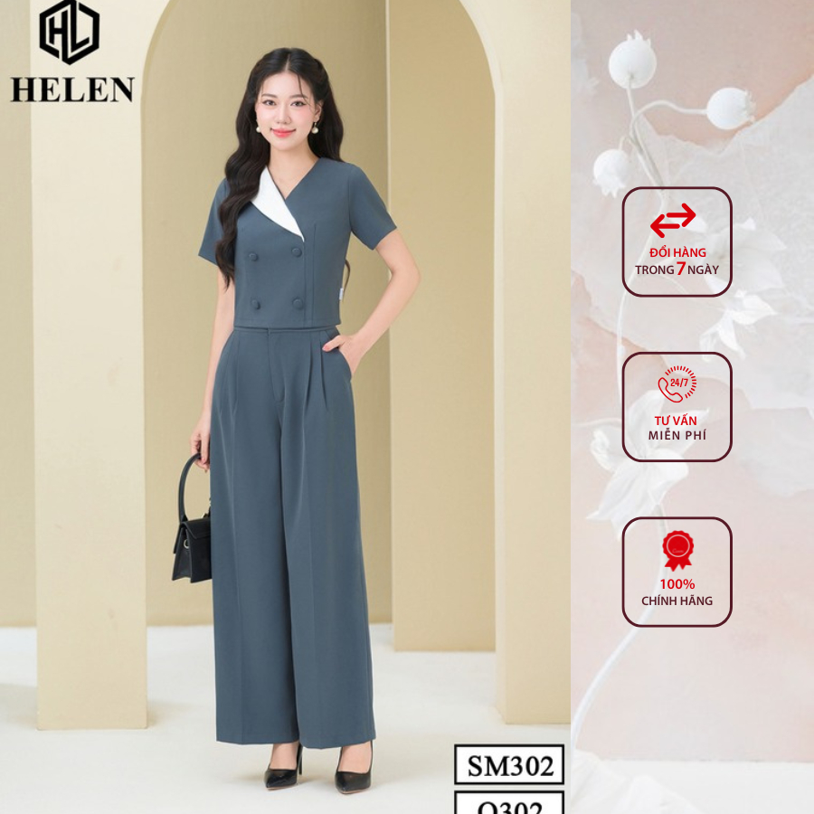Sét công sở HELEN thiết kế gồm sơ mi phối cổ trắng  đính cúc bọc +quần suông màu ghi SET302Q