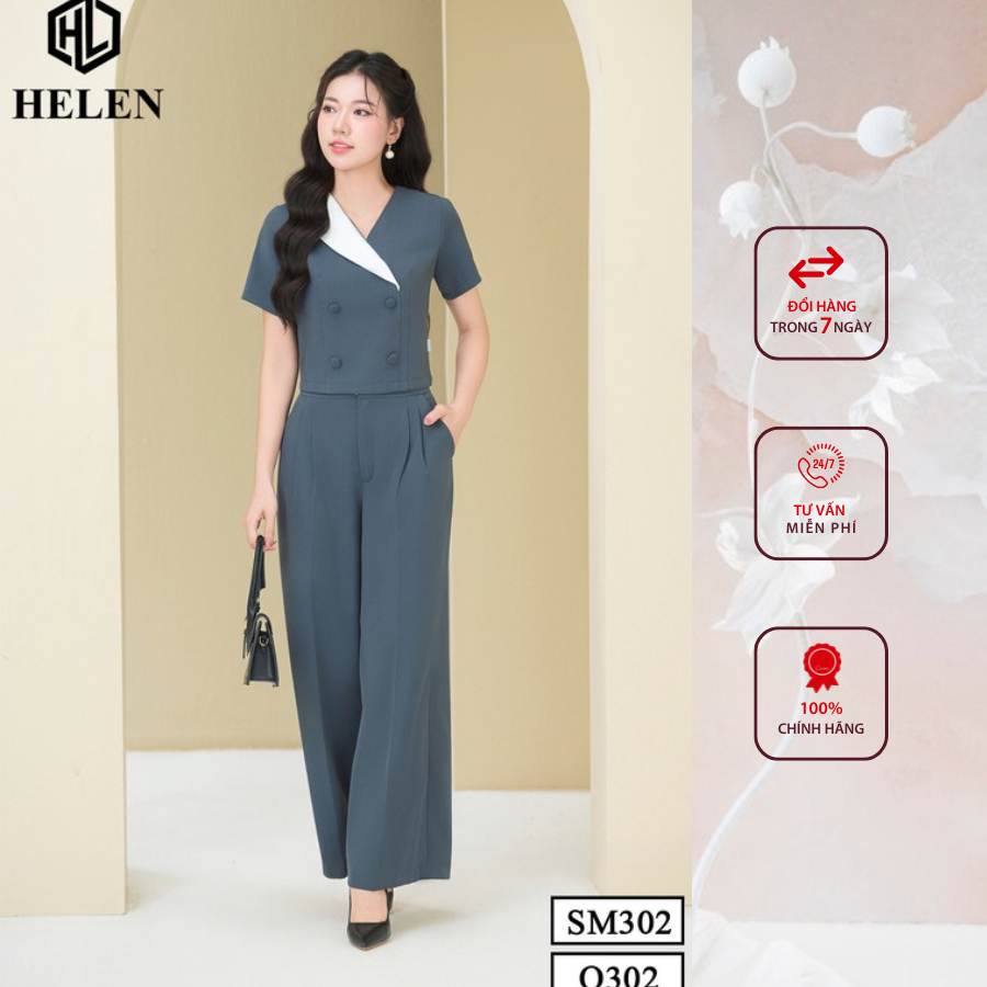 Sét công sở HELEN thiết kế gồm sơ mi phối cổ trắng  đính cúc bọc +quần suông màu ghi SET302Q