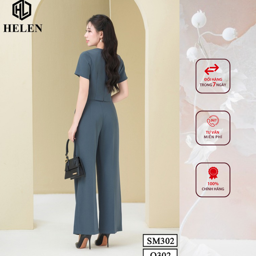 Sét công sở HELEN thiết kế gồm sơ mi phối cổ trắng  đính cúc bọc +quần suông màu ghi SET302Q