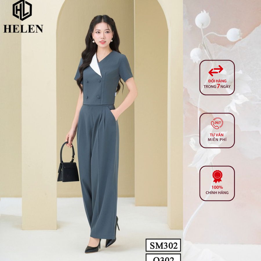 Sét công sở HELEN thiết kế gồm sơ mi phối cổ trắng  đính cúc bọc +quần suông màu ghi SET302Q