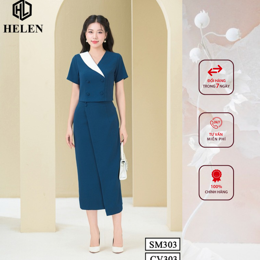 Sét công sở HELEN thiết kế gồm sơ mi phối cổ trắng  đính cúc bọc +chân váy màu xanh SET303CV