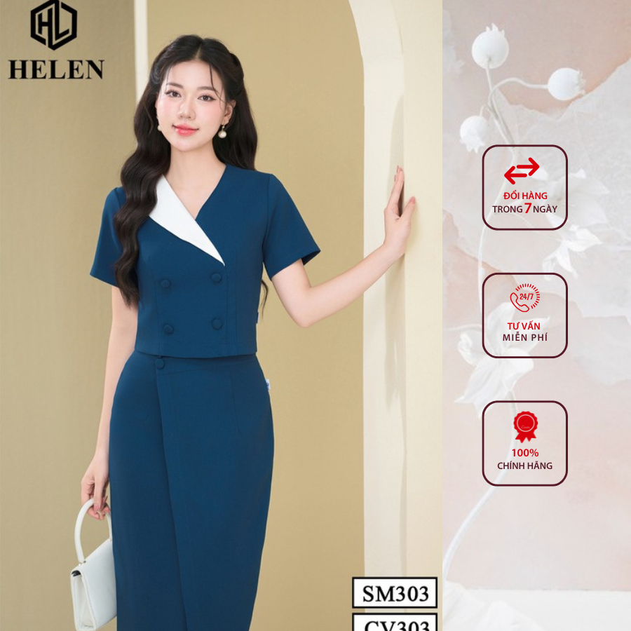 Sét công sở HELEN thiết kế gồm sơ mi phối cổ trắng  đính cúc bọc +chân váy màu xanh SET303CV