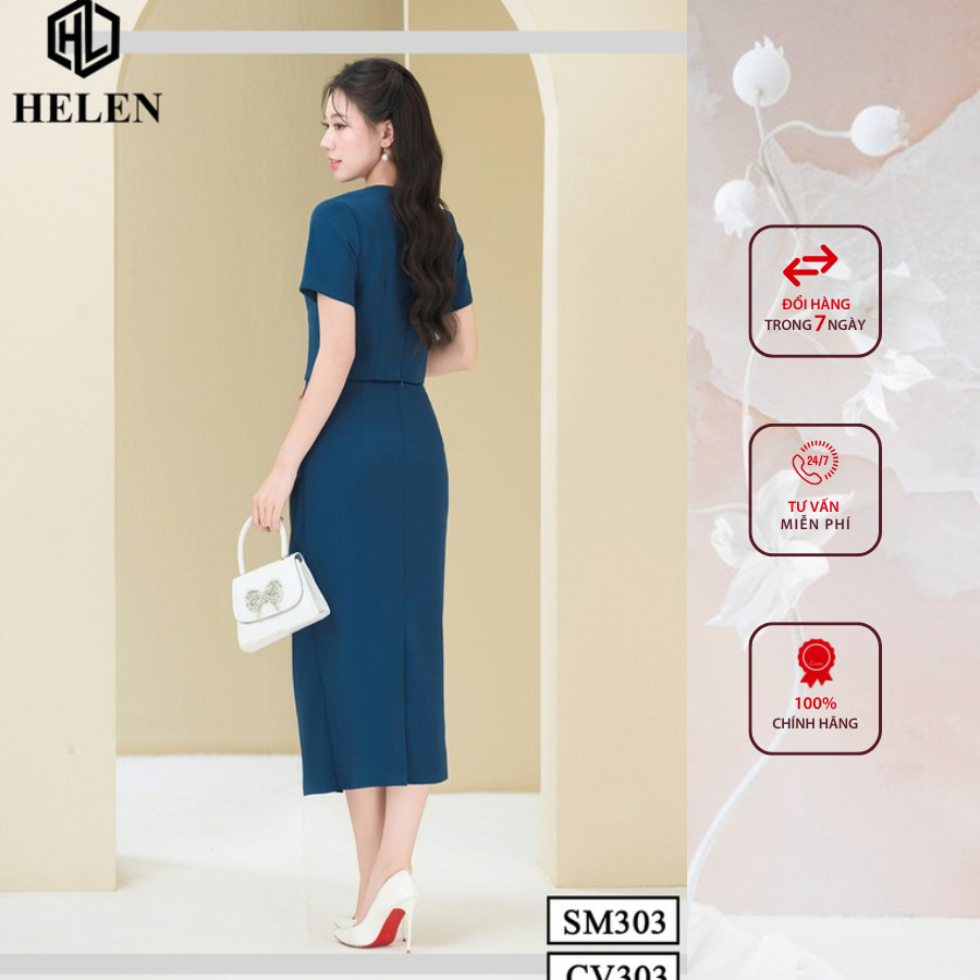 Sét công sở HELEN thiết kế gồm sơ mi phối cổ trắng  đính cúc bọc +chân váy màu xanh SET303CV