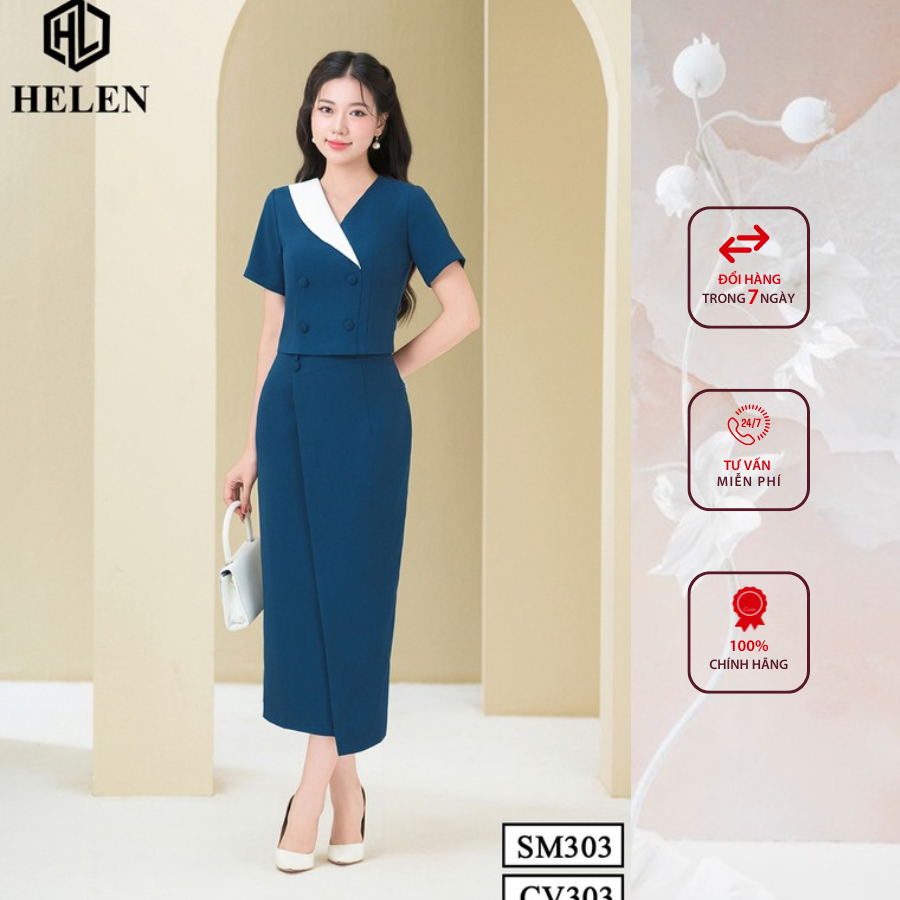 Sét công sở HELEN thiết kế gồm sơ mi phối cổ trắng  đính cúc bọc +chân váy màu xanh SET303CV