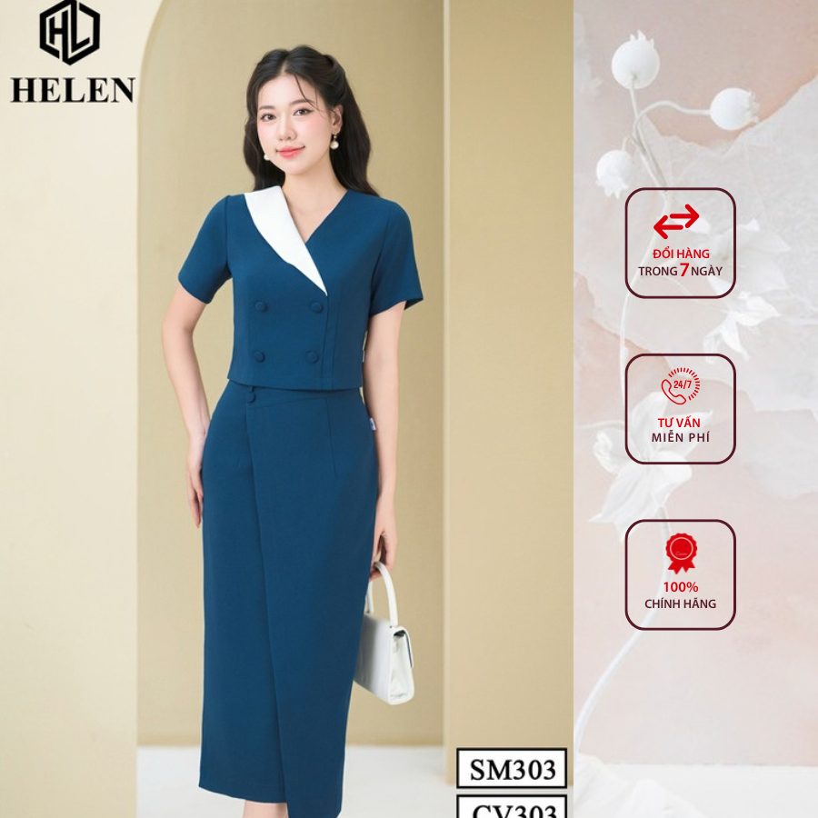 Sét công sở HELEN thiết kế gồm sơ mi phối cổ trắng  đính cúc bọc +chân váy màu xanh SET303CV
