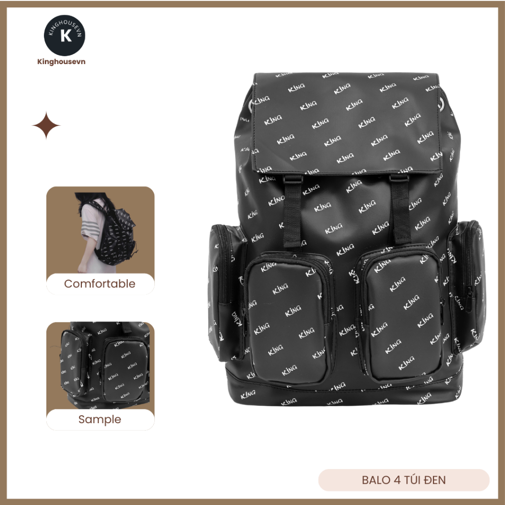 Balo Da Backpack Unisex Chống Nước Balo Backpack King - Mẫu 2 -Màu Đen