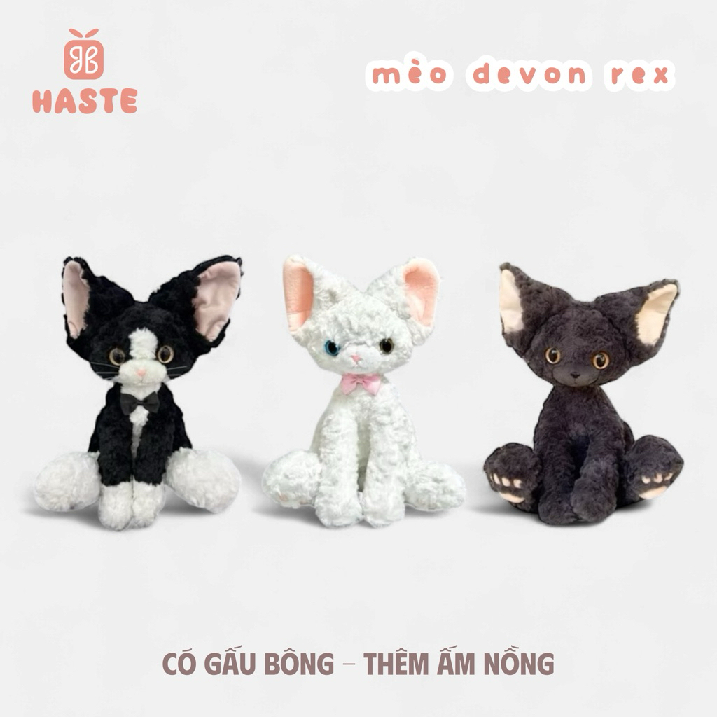 Gấu Thú Bông Mèo Devon Rex Lông Xoăn 45cm Đen Xám Trắng Mắt Sáng Lông Xù Siêu Mềm Mịn Siêu Dễ Thương Gối Ôm Ngủ