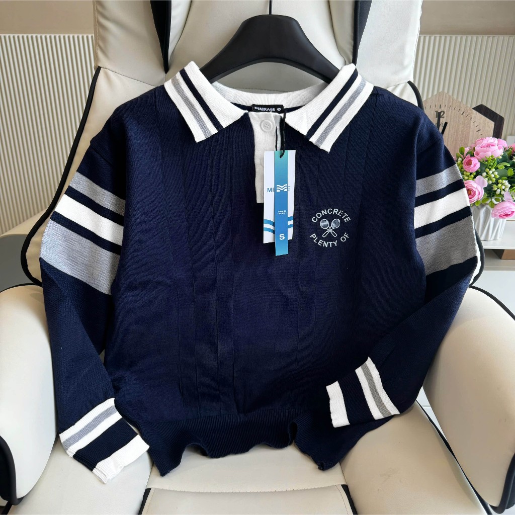 Áo Len Tay Dài Mirage Sọc Màu Xanh Đen Logo In Local Brand, Chất Len Mềm Mịn.