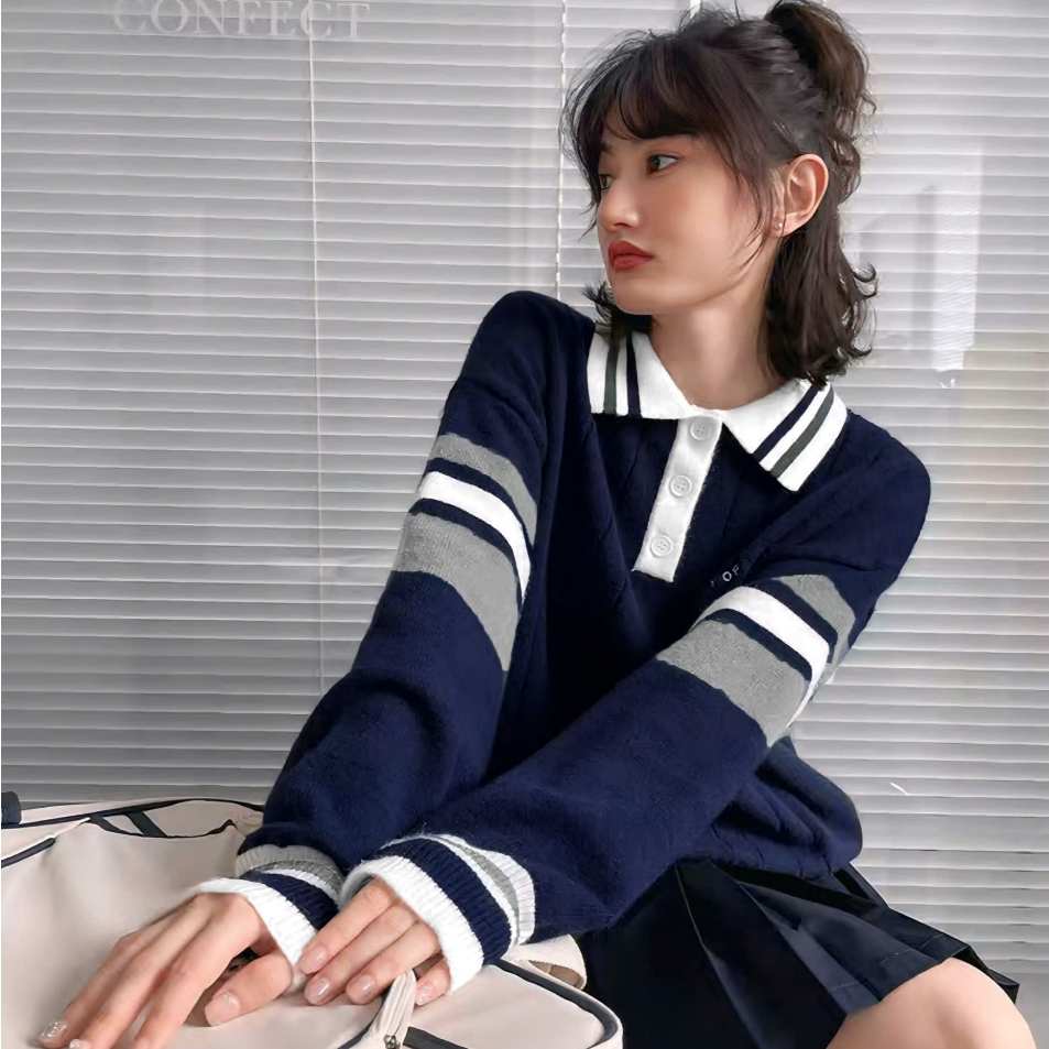 Áo Len Tay Dài Mirage Sọc Màu Xanh Đen Logo In Local Brand, Chất Len Mềm Mịn.