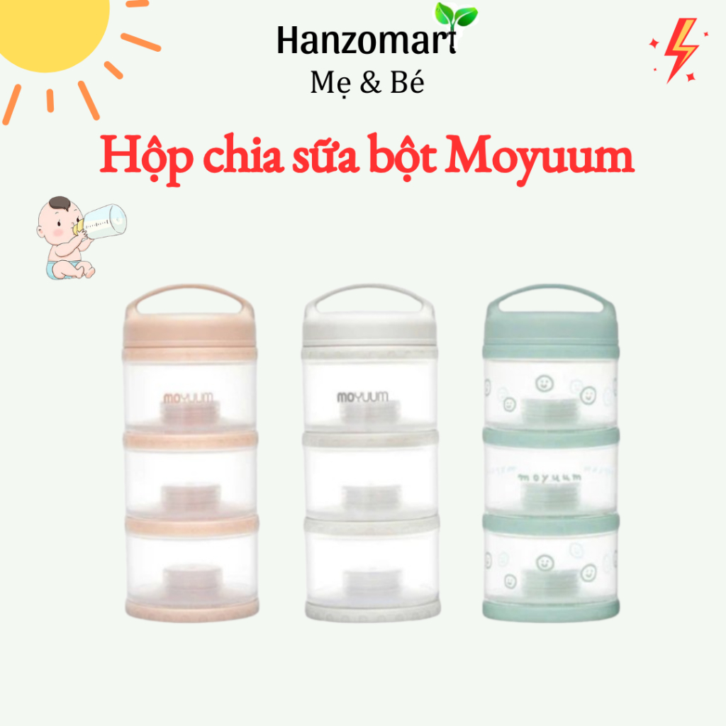Hộp nhựa chia sữa bột 3 ngăn Moyuum cho bé 8x8x18cm, bộ trữ sữa chống ẩm Hàn Quốc