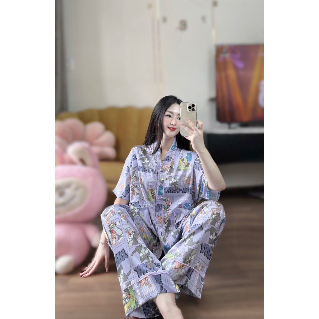 (42-68kg) Đồ bộ set ngủ mặc nhà cổ V tay cánh dơi lụa mịn latin mềm mát