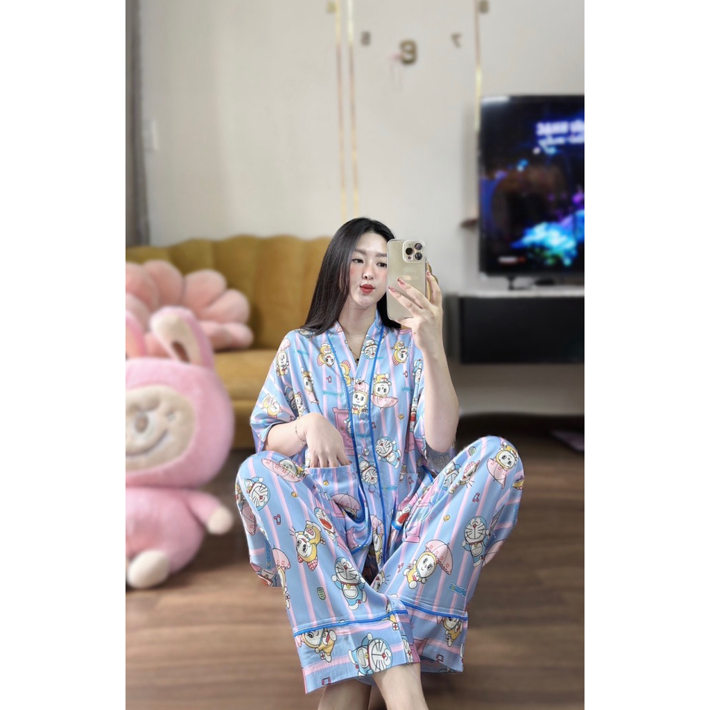 (42-68kg) Đồ bộ set ngủ mặc nhà cổ V tay cánh dơi lụa mịn latin mềm mát