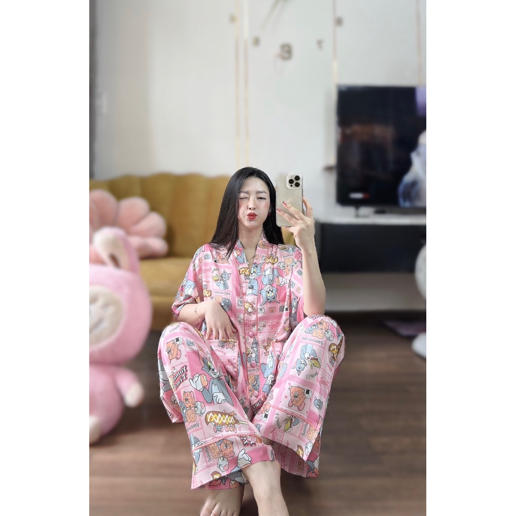 (42-68kg) Đồ bộ set ngủ mặc nhà cổ V tay cánh dơi lụa mịn latin mềm mát
