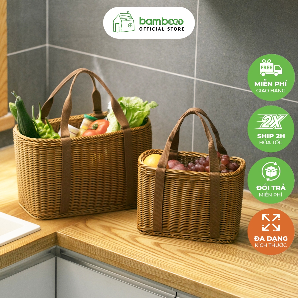 Túi đựng đồ đan mây BAMBOOO ECO có quai xách chịu lực, chịu nước vintage
