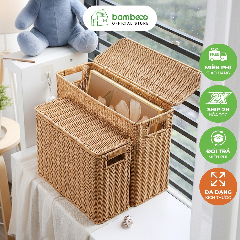 Giỏ nhựa giả mây có nắp BAMBOOO ECO thùng đựng đồ cao hẹp - tiết kiệm không gian - gọn gàng góc tủ