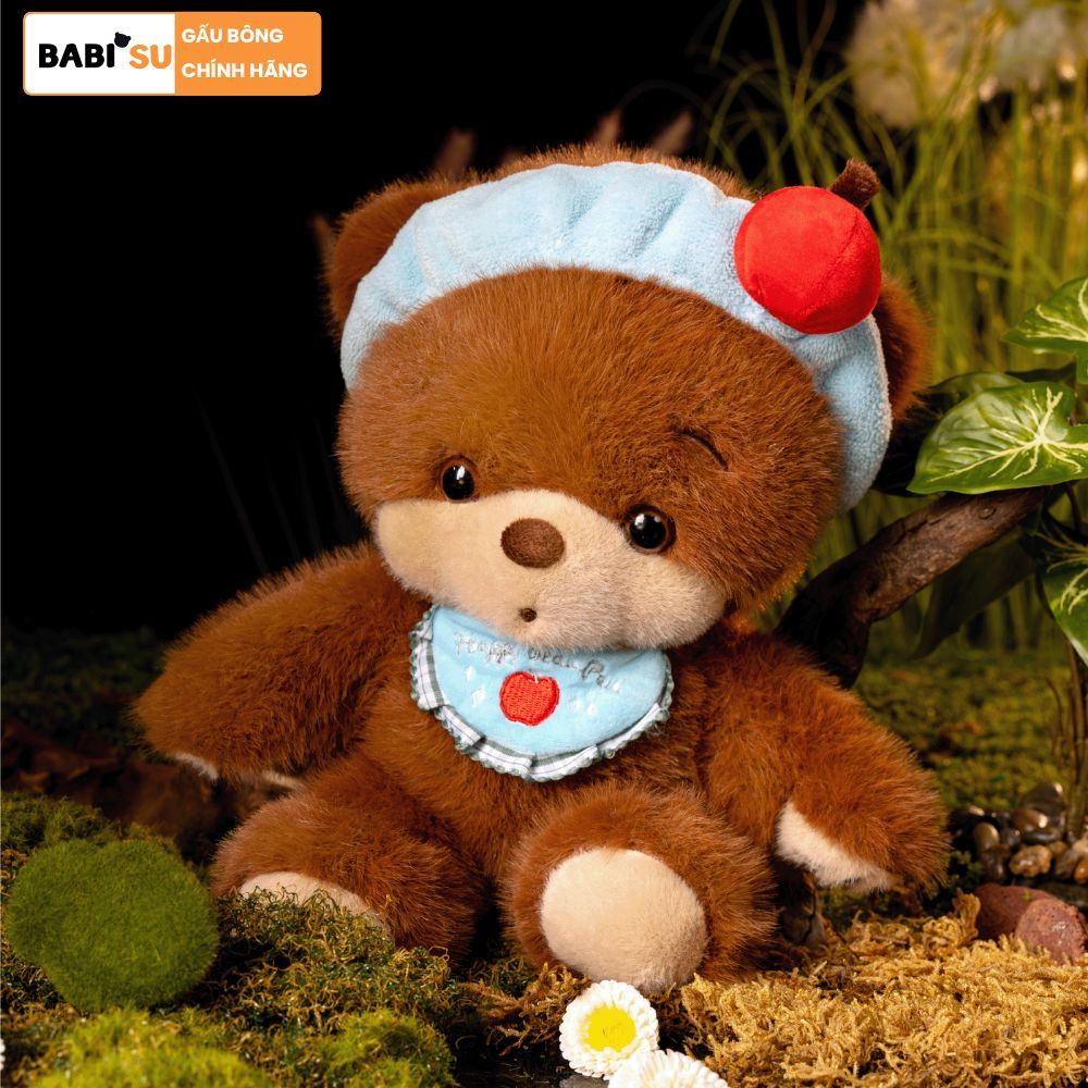 Gấu bông teddy gấu nâu đeo yếm đội mũ táo đỏ dễ thương chất liệu lông thỏ dài mềm mại