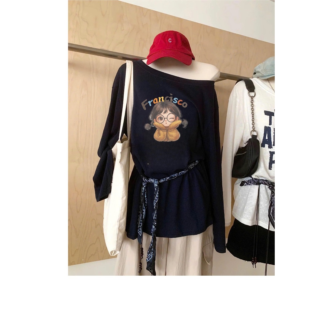 BST Áo dài tay lệch vai dáng rộng phong cách Hàn Quốc JULY FASHION, Áo tay dài trể vai in hình trẻ trung, chất vảu mềm