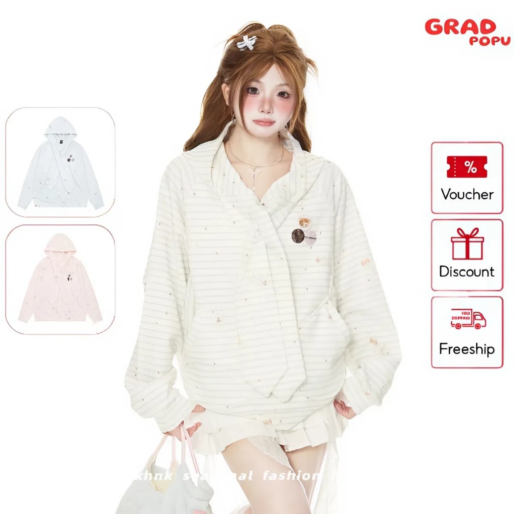 Áo khoác nỉ trùm đầu kẻ sọc nam nữ GRADPOPU phong cách đại học thời trang thu đông 2025 AK15