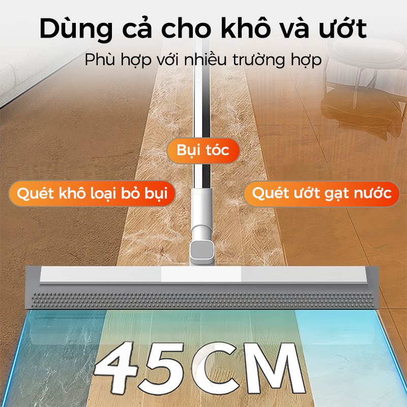 Cây lau nhà ma thuật dùng để cạo và lau sàn phòng tắm, với đầu silicon xoay 180° và các điểm nhô lên để có khả năng làm