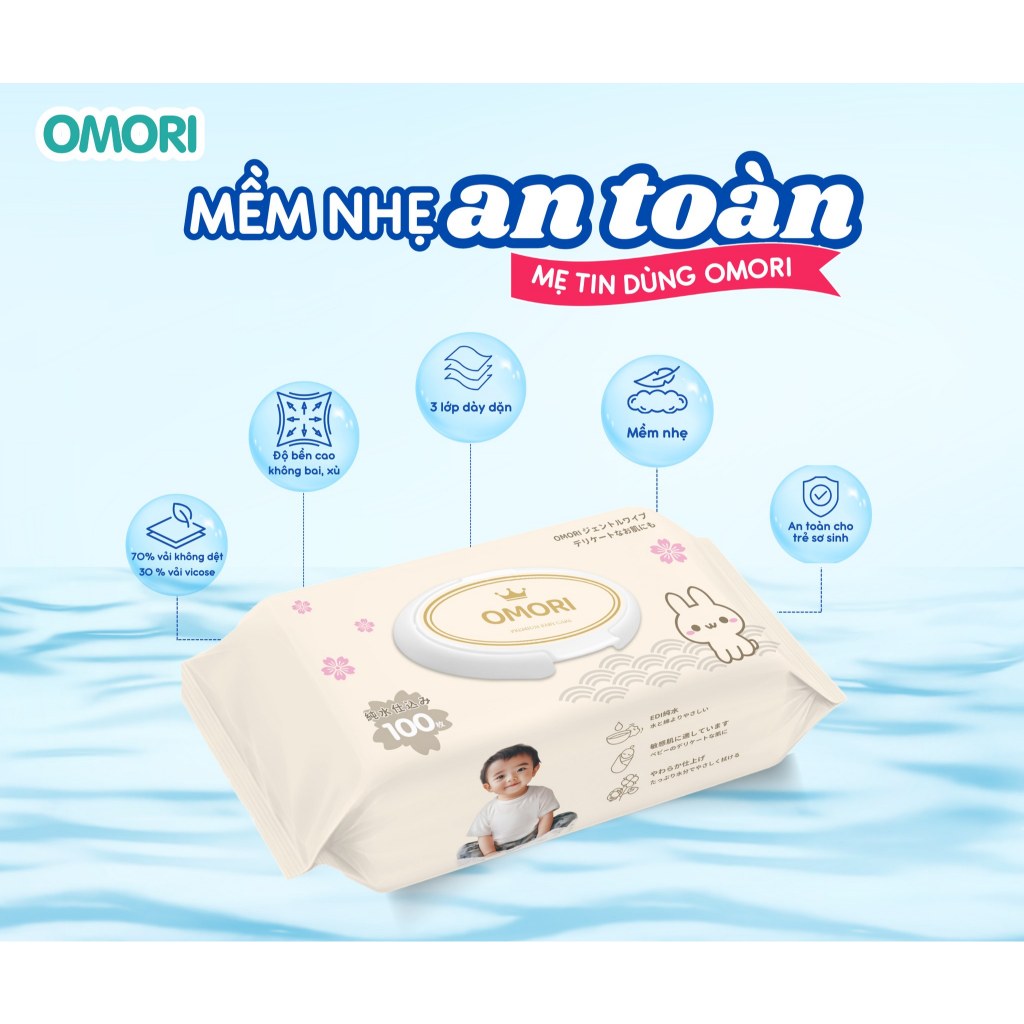 Khăn Giấy Ướt Đa Năng OMORI 100 Tờ Mềm Nhẹ An Toàn Không Bai Xù Cho Bé