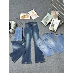 Quần Jeans Nữ Ống Loe Dài Lưng Cao Thêu Lai Co Giãn
