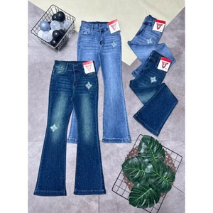 Quần Jeans Nữ Ống Loe Dài Lưng Cao Thêu Hoa Đính Đá
