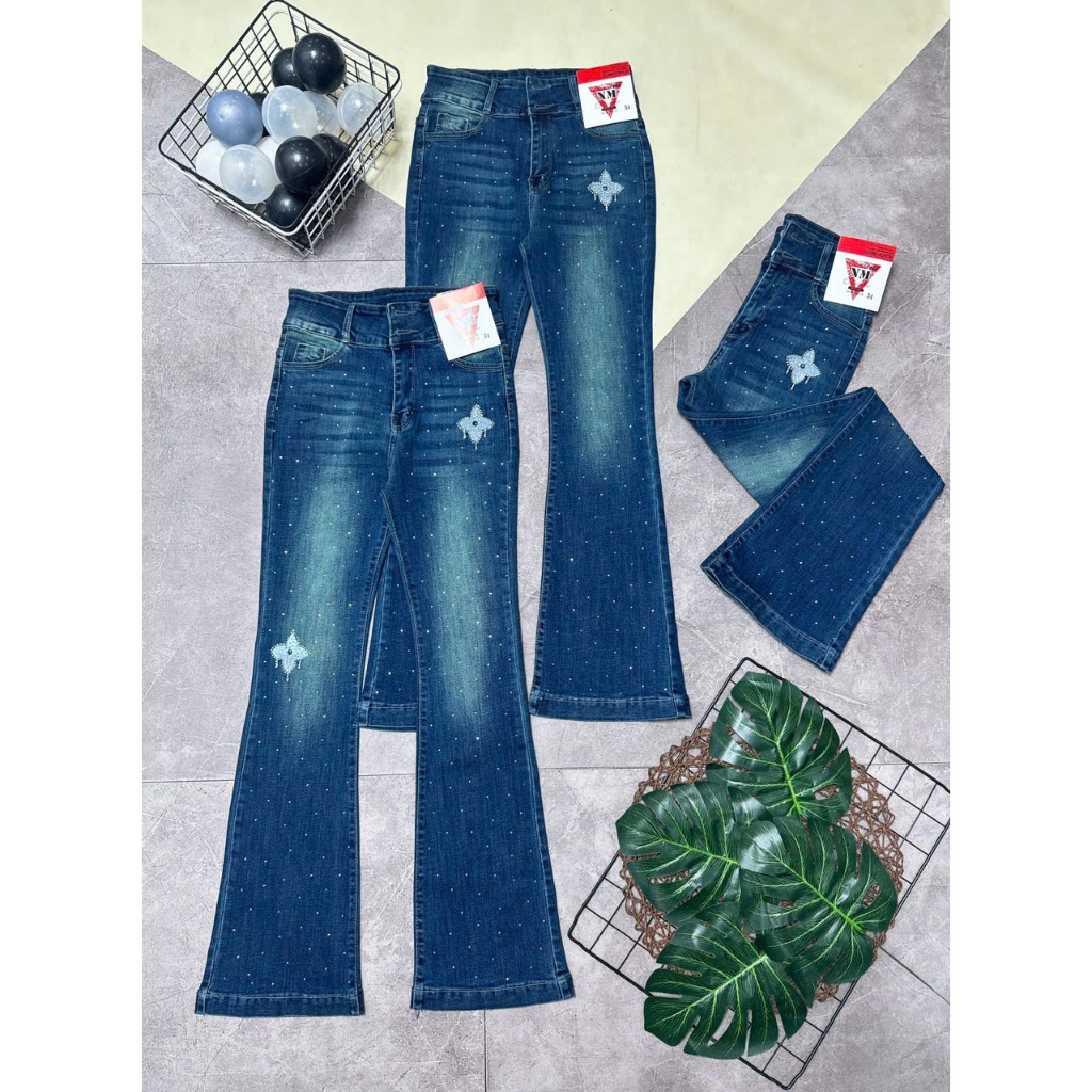Quần Jeans Nữ Ống Loe Dài Lưng Cao Thêu Hoa Đính Đá