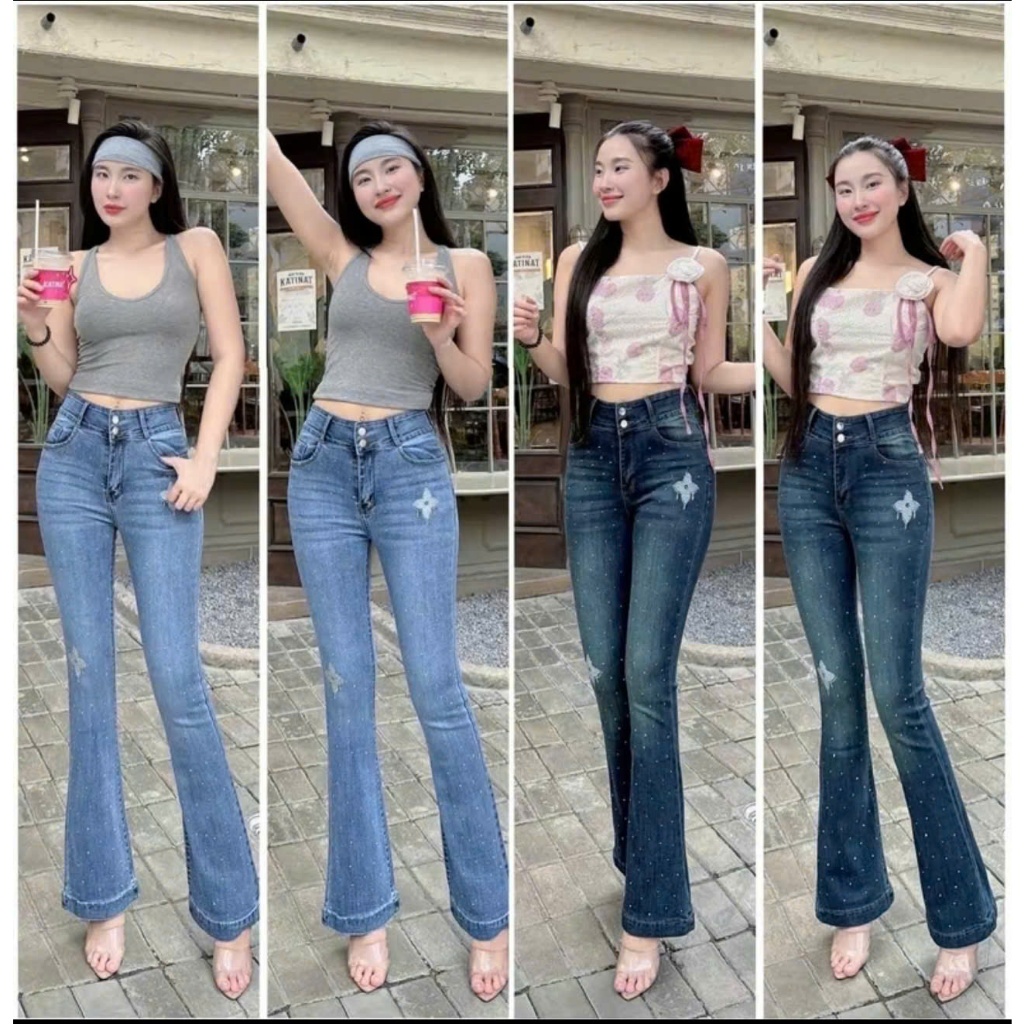 Quần Jeans Nữ Ống Loe Dài Lưng Cao Thêu Hoa Đính Đá