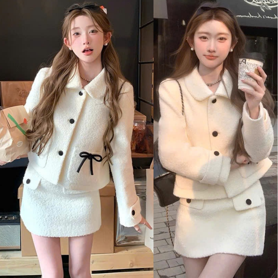 Set Áo Dạ Tweed Dài tay Đính Nơ Đen Kèm Chân Váy Ngắn Màu Trắng MELLYSTORE Cao Cấp Đẹp Quyến Rũ ,Sang Trọng