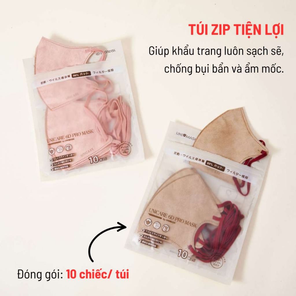 Khẩu trang 6D Unicare Pro Mask thoáng khí chống tia UV, bụi mịn, dây đeo êm nhẹ cải tiến - Combo 300 Chiếc