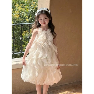 Đầm bé gái công chúa voan cổ yếm màu trắng kem mặc dự tiệc chụp ảnh đi chơi dạo phố, cho bé gái và mẹ từ 13-56kg
