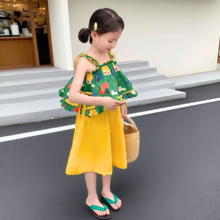 Bộ Đồ Bé Gái Mùa Hè Áo Bèo Chun Phối Quần Ống Rộng Họa Tiết Đáng Yêu Chất Liệu Cotton Thoáng Khí
