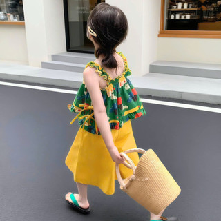 Bộ Đồ Bé Gái Mùa Hè Áo Bèo Chun Phối Quần Ống Rộng Họa Tiết Đáng Yêu Chất Liệu Cotton Thoáng Khí