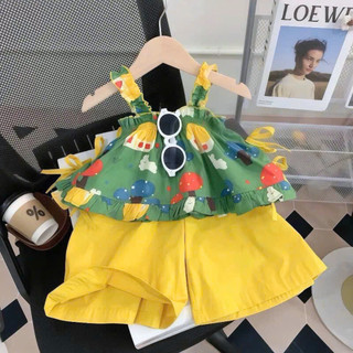 Bộ Đồ Bé Gái Mùa Hè Áo Bèo Chun Phối Quần Ống Rộng Họa Tiết Đáng Yêu Chất Liệu Cotton Thoáng Khí