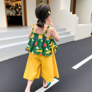 Bộ Đồ Bé Gái Mùa Hè Áo Bèo Chun Phối Quần Ống Rộng Họa Tiết Đáng Yêu Chất Liệu Cotton Thoáng Khí