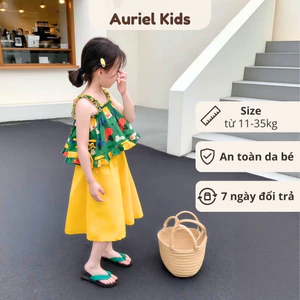 Bộ Đồ Bé Gái Mùa Hè Áo Bèo Chun Phối Quần Ống Rộng Họa Tiết Đáng Yêu Chất Liệu Cotton Thoáng Khí