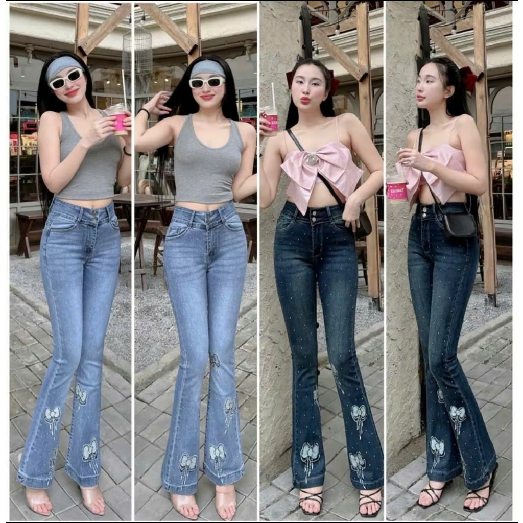 Quần jeans Nữ Ống Loe dài lưng cao thêu nơ đính đá lấp lánh