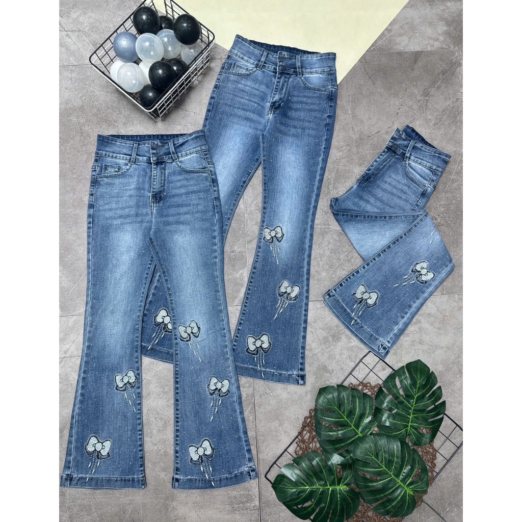 Quần jeans Nữ Ống Loe dài lưng cao thêu nơ đính đá lấp lánh