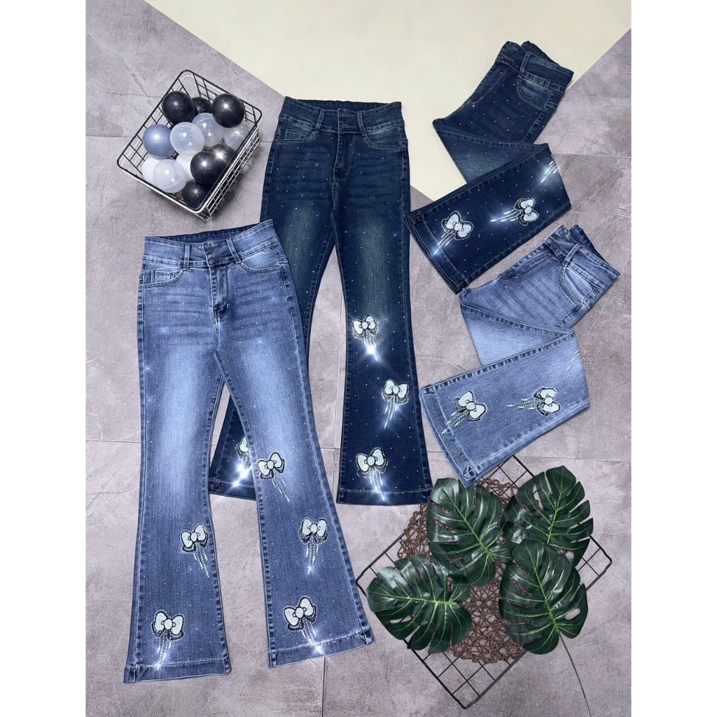 Quần jeans Nữ Ống Loe dài lưng cao thêu nơ đính đá lấp lánh