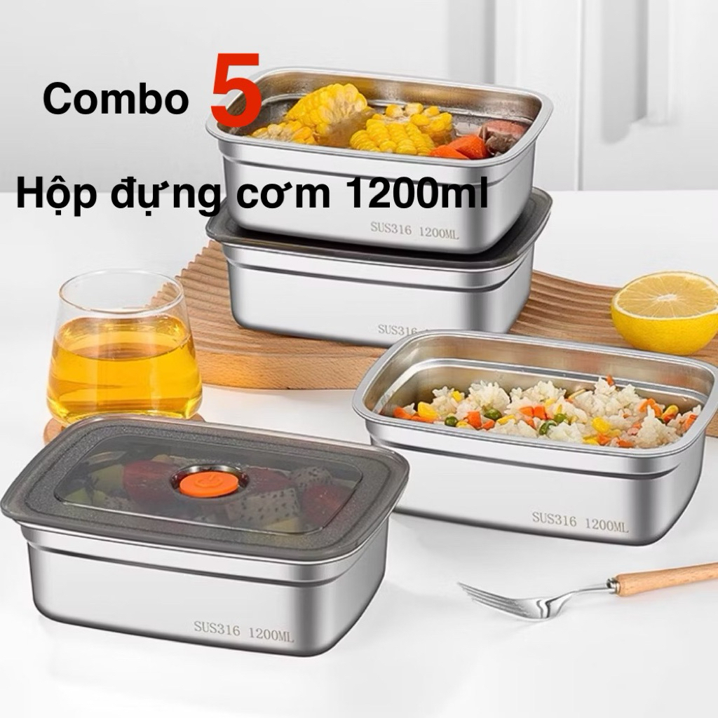 Combo 5 hộp đựng thực phẩm bằng inox 304 dung tích 1200-1500ml, hộp đựng thực phẩm đa năng có nắp ngăn mùi hiệu quả
