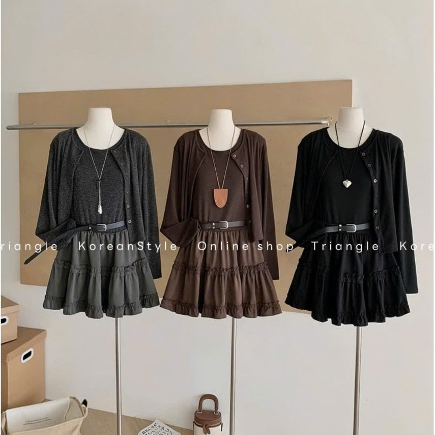 TRIANGLE - BEL SET (Cân nhắc kỹ, return is not welcomed)- Set đầm ngắn liền dáng xòe và áo khoác kèm belt